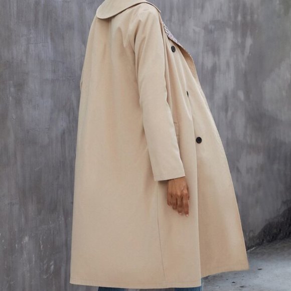 Gingham Lapel Neck Double Breasted Trench Coat - Picture 2 of 5